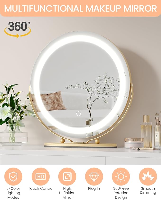 Vanity Mirror with Led Lights, 19 Inches Touch Control 3 Color 2024 New Dimmable Makeup Mirror, 360°Rotation Round Desk Mirror, Easy to Assemble (Gold)