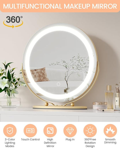 Vanity Mirror with Led Lights, 19 Inches Touch Control 3 Color 2024 New Dimmable Makeup Mirror, 360°Rotation Round Desk Mirror, Easy to Assemble (Gold)