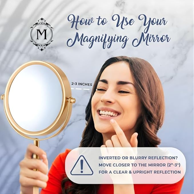 MIRRORVANA 10X Magnifying Makeup Mirror on Round Stand for Tabletop, Bedroom Vanity Desk and Bathroom Counter - Free Standing Double Sided 10X/1X Magnification Mirror - 7" Wide and 14" Tall (Gold)