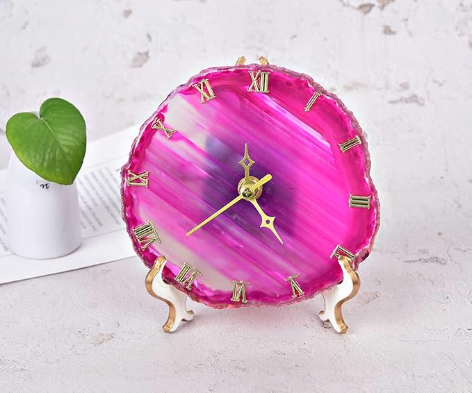 JIC Gem Agate Clock Crystal Desk & Shelf Clocks Home Decor (Pink)