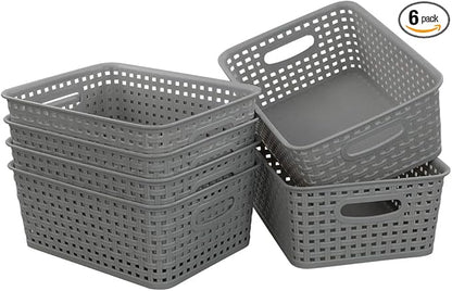 Morcte 6-Pack Gray Plastic Storage Basket, Plastic Woven Bin