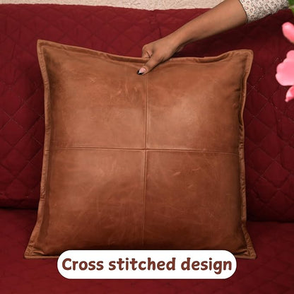 Lambskin Leather Pillow Cover - Sofa Cushion Case - Decorative Throw Covers for Living Room & Bedroom, 22x22 Inches - Antique Brown Box Pack of 2