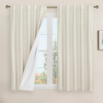 LAMIT Natural 100% Blackout Linen Curtains, 54 Inches Linen Textured Thermal Bedroom Curtains Back Tab and Rod Pocket Neutral Panels with White Liner for Farmhouse, 2 Panels, 42 x 54 Inch, Ivory