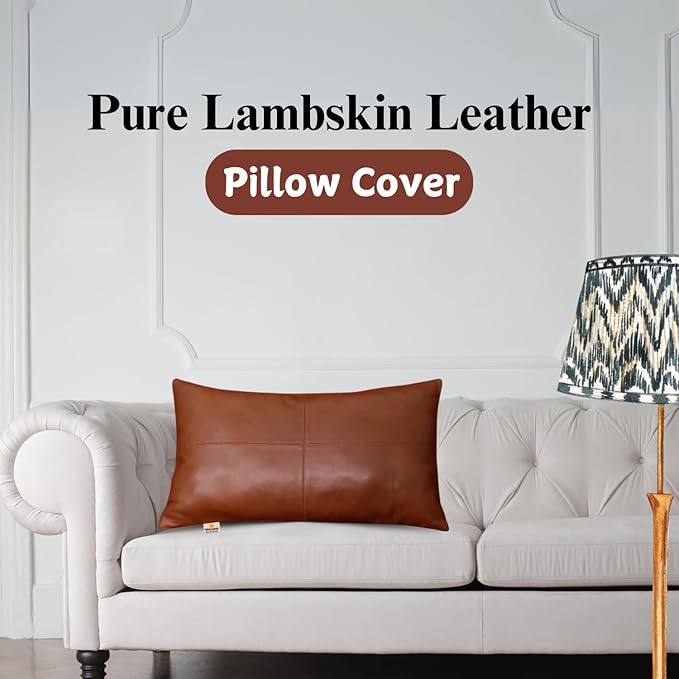 100% Lambskin Leather Pillow Cover - Sofa Cushion Case - Decorative Throw Covers for Living Room & Bedroom, 20X28 Inch - Camel Antique Plain Pack of 2