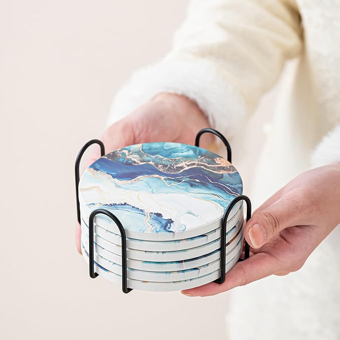 Ceramic Drink Coasters Set of 6 with Holder, Modern Marble Absorbent Ceramic Coasters, Round Ceramic Table Coasters for Home Decor Coffee Kitchen (4 Inches), Lake Blue