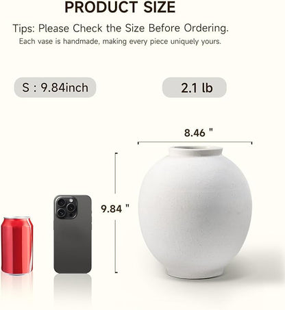 Sandstone Large White Ceramic Vase, 9.8-Inch Matte White Rounded Design for Easy Arranging, Farmhouse & Minimalist Home Decor for Living Room, Mantel, Dining Table, Entryway, Bathroom, Weddings