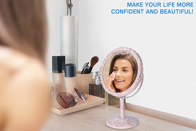 KEYPOWER Bling Rhinestone Makeup Vanity Mirror Round with Stand Double Side Cosmetic Glitter Movable Desk Bathroom Bedroom Tabletop(Pink)