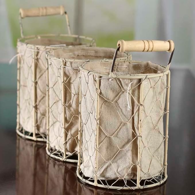 Factory Direct Craft White Washed Chicken Wire Triple Basket with Natural Linen Liner. Use The Small Basket as Cottage, Coastal or Farmhouse Home Decor Organizer.