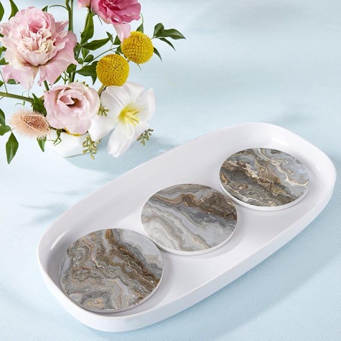 6Pcs Drink Coasters with Holder, Gray and Beige Marble Pattern Absorbent Ceramic Drink Coaster with Cork Base, Home Bar Table & Office Decor House Warming Gift