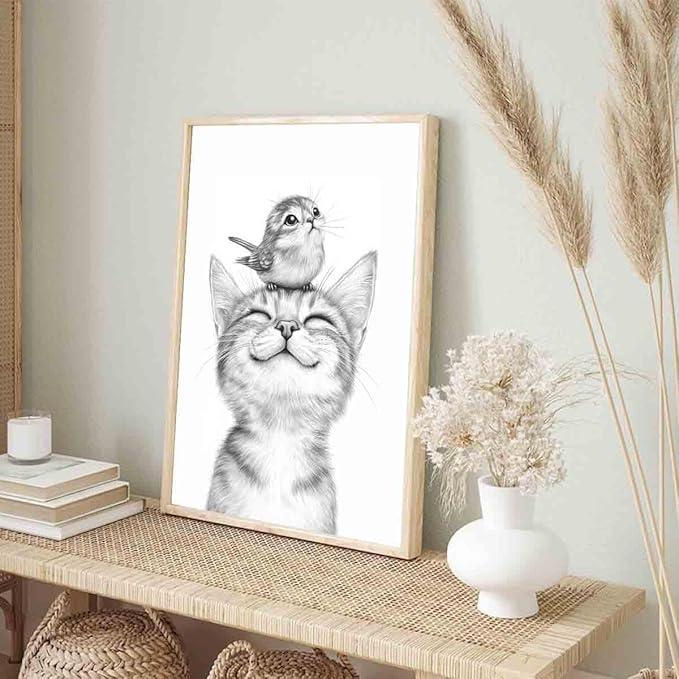 Sketch Bird Wall Art Cute Cat Poster Black And White Sketch Wall Art Black And White Cat Minimalist Animal Print Pets Painting Farmhouse Bird Pictures Animal Poster Living Room Decor 16x24in No Frame