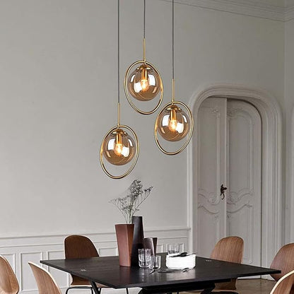Pendant Light Modern Minimalist Hanging Lamp with Spherical Glass Shade and Brass Metal Ring Adjustable Height for Dining Room Bedroom Living Room (Amber)