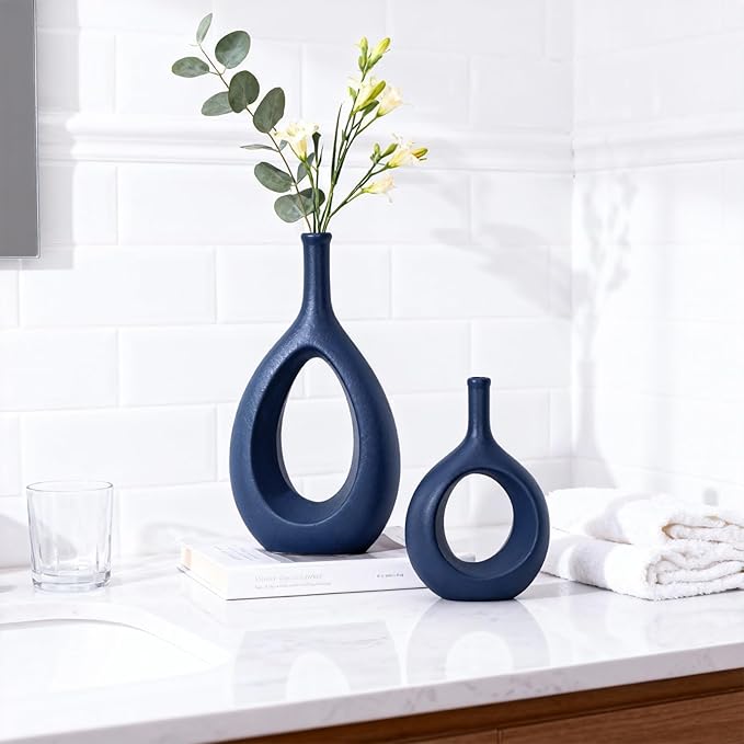 Navy Blue Ceramic Hollow Elliptical Vase Set of 2 - Boho Circle Vase with Hole, for Modern Navy Blue Table Decor, Living Room Decor Shelf mid Century Modern Home Entrance Decorative vase