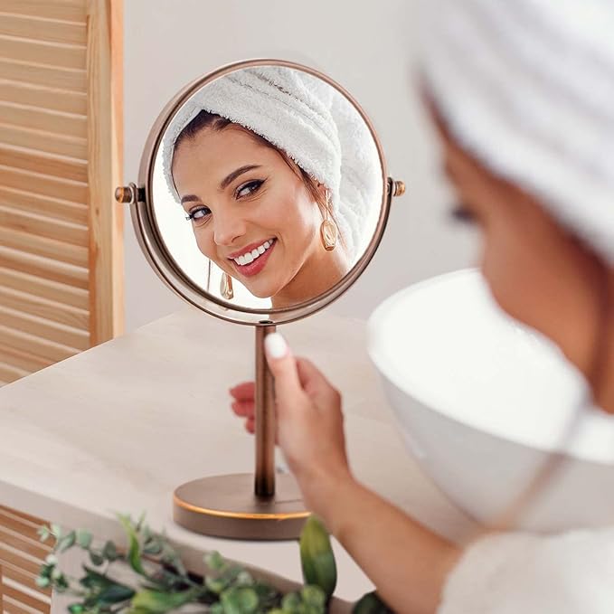OVENTE 6'' Tabletop Makeup Mirror with 1X/7X Magnification, 360° Swivel Design, Double-Sided Free-Standing Vanity Mirror Perfect for Dresser, Bedroom and Office Desk, Antique Bronze MNLT60ABZ1X7X