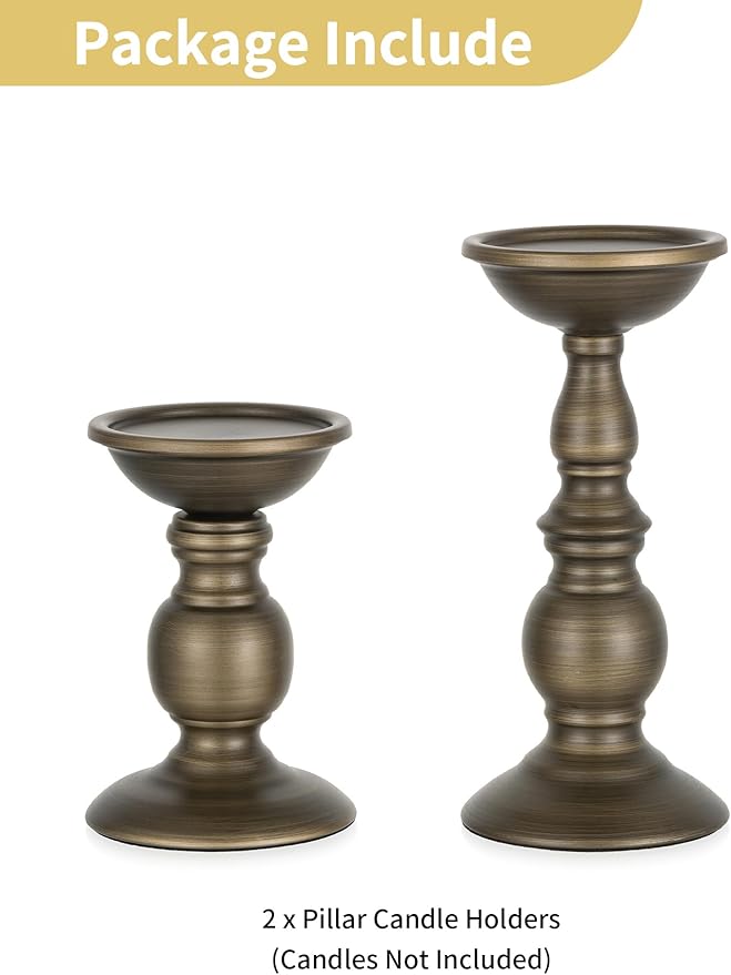 Bronze 2 Pcs Iron Pillar Candle Holders, Most Ideal for 3" Pillar Candles, Gifts for Wedding, Party, Home, Spa, Reiki, Votive Candle (S + L)