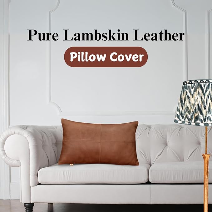 100% Lambskin Leather Pillow Cover - Sofa Cushion Case - Decorative Throw Covers for Living Room & Bedroom, 12X20 Inch - Antique Brown Plain Pack of 2