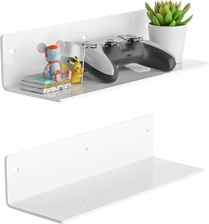 Sezanrpt 12 Inches White Acrylic Wall Shelves Set of 2, Wall Mounted Shelves for Plants, Speaker, Camera, Toiletries, Spice Jars, Coffee, Candles, Shoes, 2 Pack