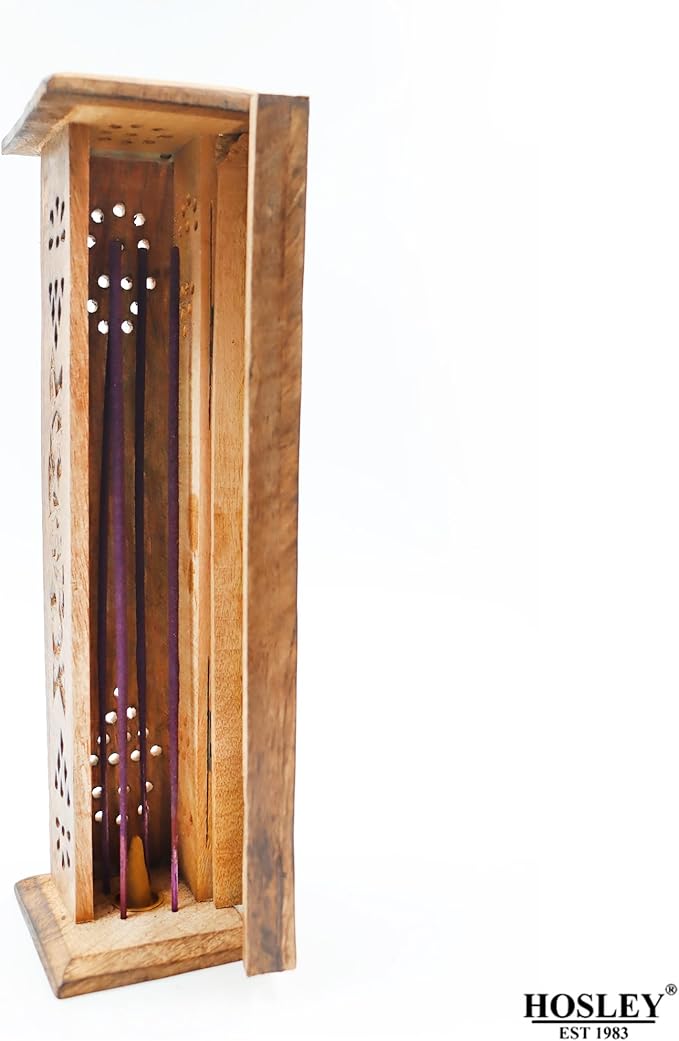 Hosley Hand-Carved Wooden Incense Stick Holder Tower – Tall Decorative Burner Box with Hinged Door for Aromatherapy, Meditation, Yoga, Home & Office Décor (Includes 20 Incense Sticks)