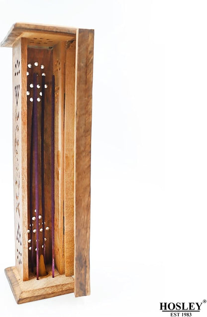 Hosley Hand-Carved Wooden Incense Stick Holder Tower – Tall Decorative Burner Box with Hinged Door for Aromatherapy, Meditation, Yoga, Home & Office Décor (Includes 20 Incense Sticks)