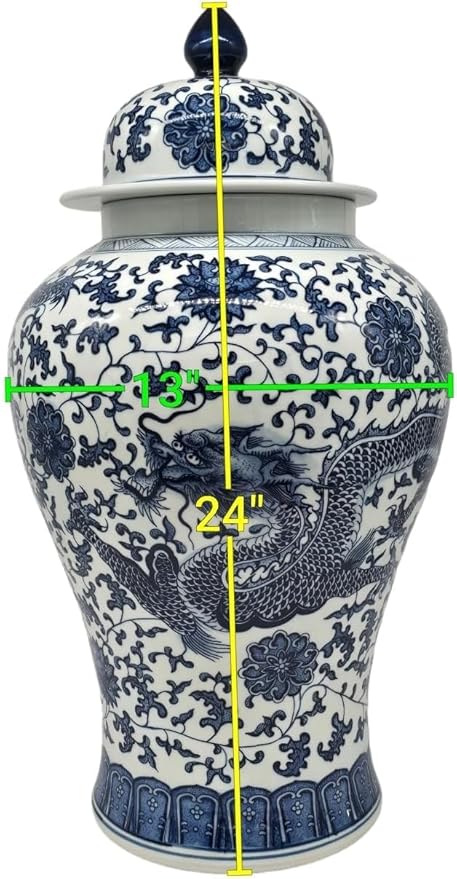 24" Classic Blue and White Dragon Porcelain Ceramic Temple Ginger Jar Vase, Large China Qing Style (Dragon)