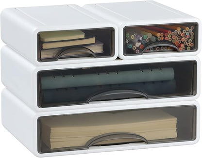 White Desktop Drawers for Paper, Stackable Office Storage Drawers for Desk, Craft Organizer and Storage Bins, 4 Mixed Storage Container with Plastic Drawers for Office Supplies Desk accessories