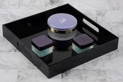 Glossy Black Sturdy Acrylic Serving Tray with Handles - 12x12 Inch Multipurpose Tray for Coffee, Appetizers, Breakfast, and More