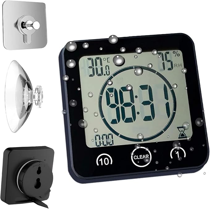 Waterproof Bathroom Wall Clock and Timer, Digital Water Resistant Hanging Timer for Shower, Large Display Kitchen Cooking Countdown Timers, Mirror Suction Clock with Temperature Humidity Meter (Black)