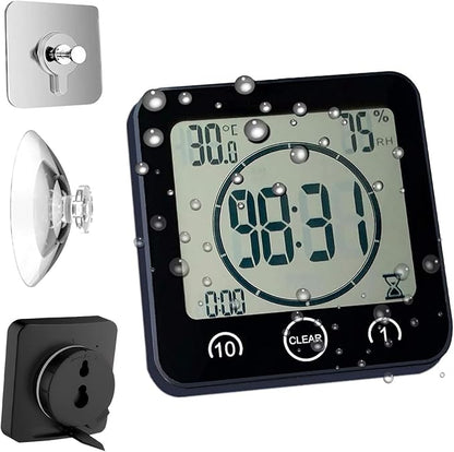Waterproof Bathroom Wall Clock and Timer, Digital Water Resistant Hanging Timer for Shower, Large Display Kitchen Cooking Countdown Timers, Mirror Suction Clock with Temperature Humidity Meter (Black)
