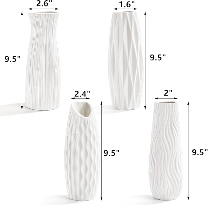 Peohud 4 Pack White Ceramic Vases, 9.5 Inch Tall Flower Vases for Home Decor, Modern Minimalist Floral Vase for Table Shelf Bedroom Kitchen Living Room Centerpieces