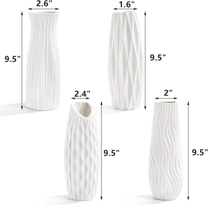 Peohud 4 Pack White Ceramic Vases, 9.5 Inch Tall Flower Vases for Home Decor, Modern Minimalist Floral Vase for Table Shelf Bedroom Kitchen Living Room Centerpieces