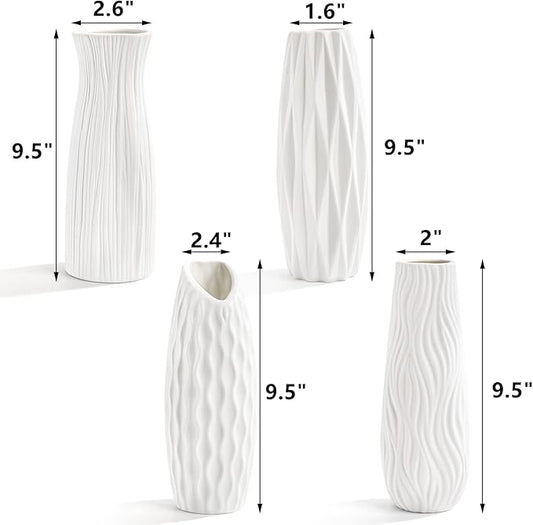 Peohud 4 Pack White Ceramic Vases, 9.5 Inch Tall Flower Vases for Home Decor, Modern Minimalist Floral Vase for Table Shelf Bedroom Kitchen Living Room Centerpieces