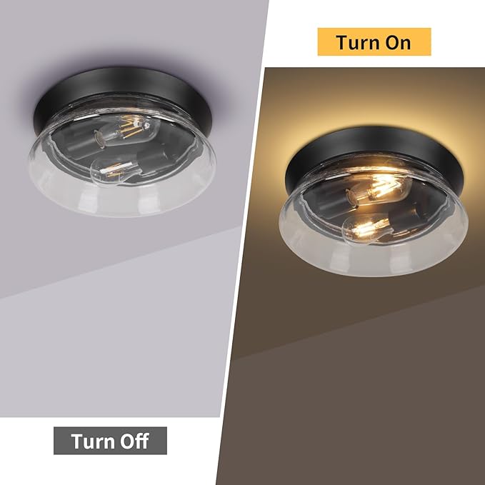 Motion Sensor Outdoor Ceiling Light, Black Modern Flush Mount Light Fixture with Clear Glass, Farmhouse Waterproof Ceiling Light for Porch, Patio, Hallway, Entryway, Garage (2 Blub Needed)