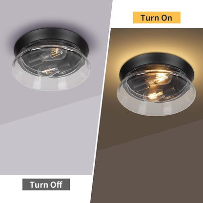 Motion Sensor Outdoor Ceiling Light, Black Modern Flush Mount Light Fixture with Clear Glass, Farmhouse Waterproof Ceiling Light for Porch, Patio, Hallway, Entryway, Garage (2 Blub Needed)