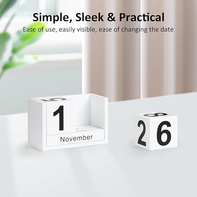 Wooden Block Calendar for Desk, Small Size Daily Desktop Perpetual Desk Calendar, Cute Date Display Desk Accessories for Home Office Decor, Teacher, Classroom, Reusable Yearly, White