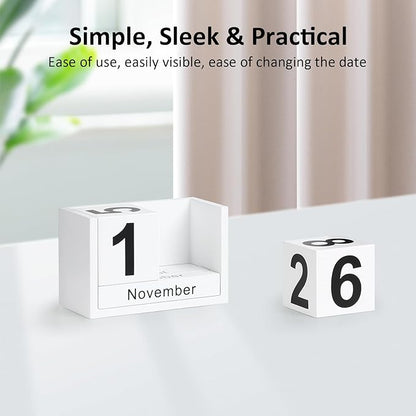 Wooden Block Calendar for Desk, Small Size Daily Desktop Perpetual Desk Calendar, Cute Date Display Desk Accessories for Home Office Decor, Teacher, Classroom, Reusable Yearly, White