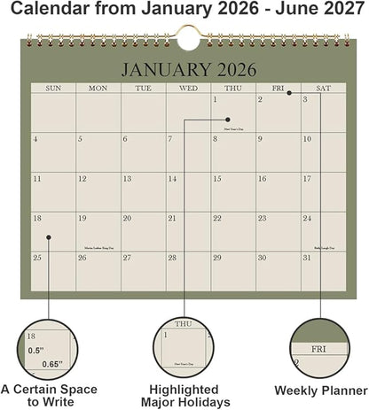 Small Wall Calendar 2026 - Mini Calendar 2026-2027 from January 2026 - June 2027, 18 Months Little Calendar with Premium Paper, 6" x 8", Green