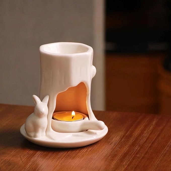 Ceramic Essential Oil Burner Wax Melt Burners,Aromatherapy Aroma Burner,Ceramic Tea Light Candle Holder,Oil Diffuser for Home Bedroom Decor,4.5 Inches,White Rabbit,1 Piece