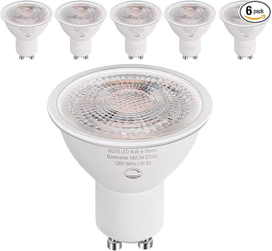 GU10 LED Light Bulbs, 6W Dimmable, 50W Equivalent, 4000K, 582LM (2700K Warm White, 6 Pack)