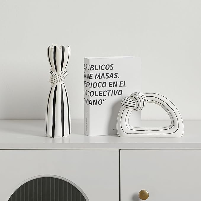 Ceramic Statues Decorative Vase Home Decor Modern Rustic Black and White Striped Knot Statues Set for Living Room, Bedroom, Office, Table Centerpiece, Shelf, Mantel, Set of 2