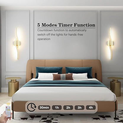 Modern Gold Wall Light Fixture Set of 2, RC Dimmable LED Wall Light Indoor, LED Wall Decor for Hallway Bedroom Living Room, Hardwired Wall Sconce with Remote Control, 27.56" in, Timer, Memory