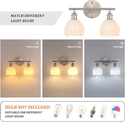 Bathroom Light Fixtures, 2-Light Vanity Wall Light Over Mirror with White Tulip Glass Shade for Bedroom Living Room (Bulb Not Included), Satin Nickel