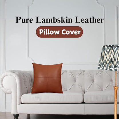 Lambskin Leather Pillow Cover, Hand Panel Stitched Leather Decorative Throw Pillow Covers for Couch Sofa Bed Living Room Garden (16x16 Inches, Brown Pack of 2)