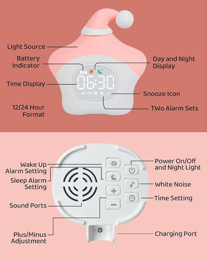 Star Alarm Clock with Night Light for Kids with Sleep Training and Sound Machine, Rechargeable Silicone Lamp OK to Wake Clock，Cute Animal Tabletop Lamp, Perfect Sleep Companion for Boys Girls, Pink