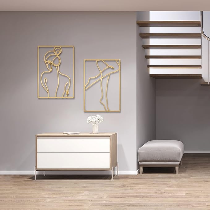 Glamativity 4 Pack Minimalist Wall Art, Real Metal Abstract Wall Art (Woman's Body Shape, Gold Elegant Style, M Size 17 x 11.8'')