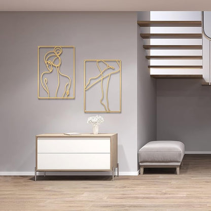Glamativity 4 Pack Minimalist Wall Art, Real Metal Abstract Wall Art (Woman's Body Shape, Gold Elegant Style, M Size 17 x 11.8'')