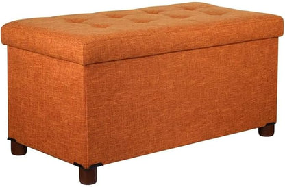 30 Inches Storage Ottoman Bench, Storage Bench with Wooden Legs for Living Room Ottoman Foot Rest Removeable Lid for Bedroom End of Bed, Linen Fabric, Orange