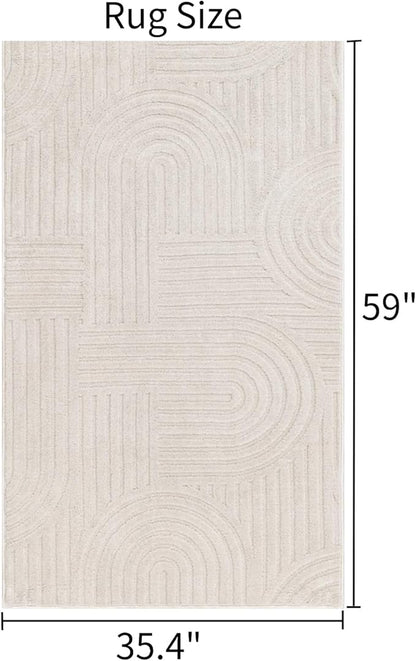 SHACOS Soft Cozy Fluffy Arch Pattern High Low Pile Area Rugs 3'x5' Non Slip Washable Scandinavian Minimalist Rug Modern Geometric Arc Carpet for Living Room Bedroom Dining Room, Beige