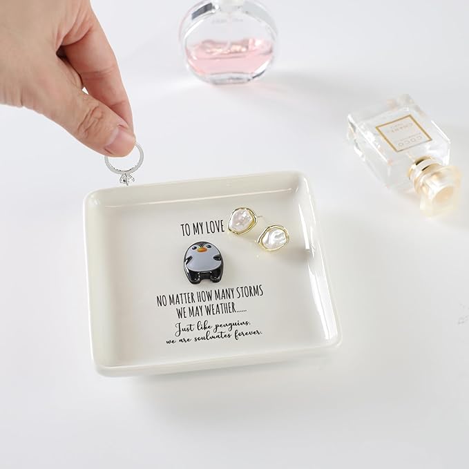 HOME SMILE Ramantic Valentines Christmas Gifts for Girlfriend Her Wife Couples Ring Dish Jewelry Tray,To My Love Penguin Present Valentines,Wedding Aniversary Birthday Gift For Women