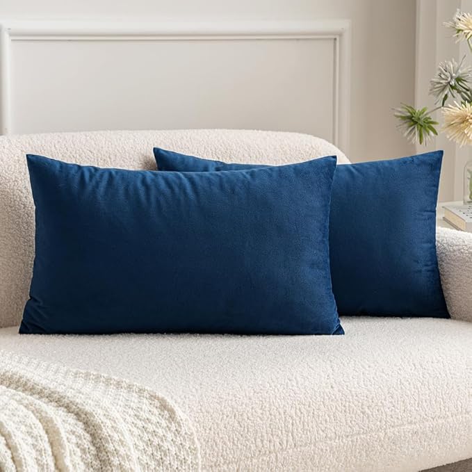 MIULEE Velvet Throw Pillow Covers 12x20 Inch, Pack of 2 - Dark Blue, Soft Solid Lumbar Decorative Pillow Covers Modern Luxury Home Decor for Chair Couch Sofa Bedroom Livingroom