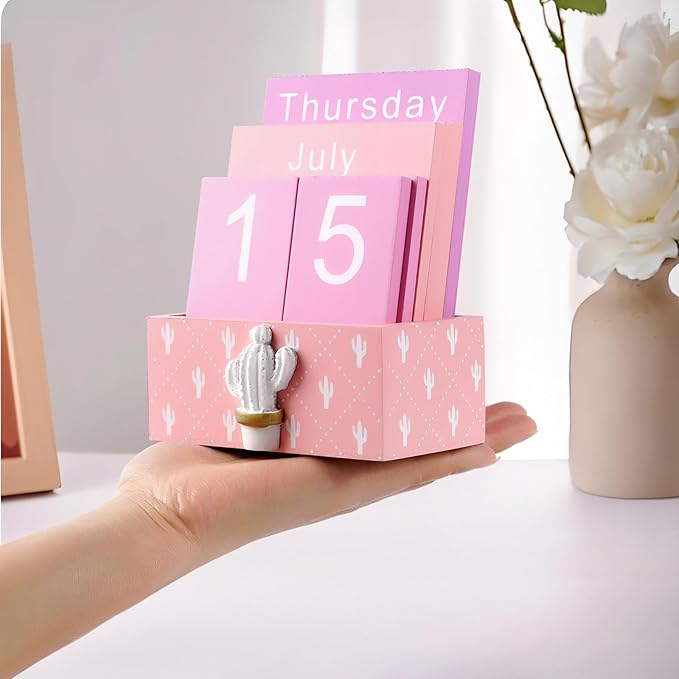 Notakia Perpetual Calendar Wooden Blocks Vintage Wood Block Calendar for Home Office Desk Accessories Week Month Date Display (Pink Calendar)