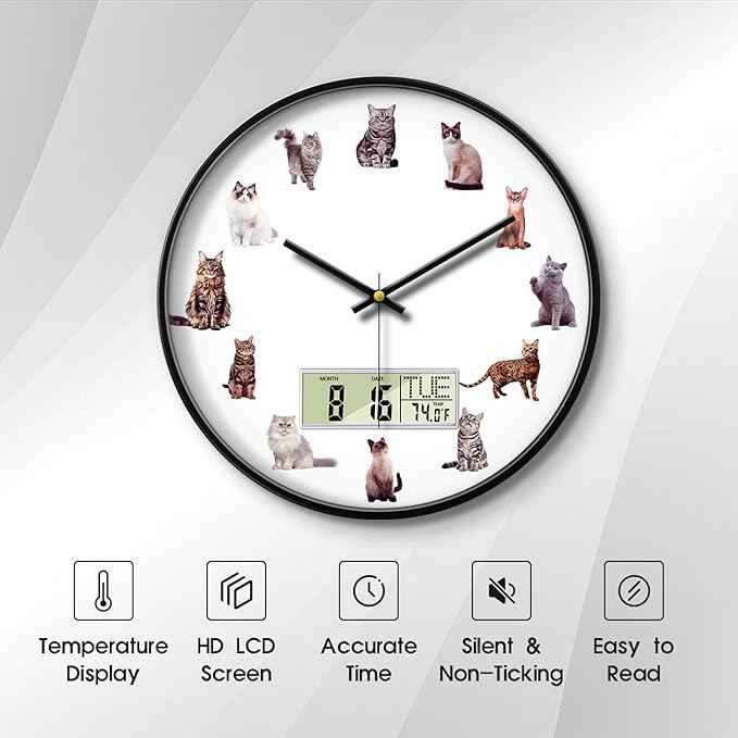 Large Display Modern LCD Clock with Calendar and Date Temperature Funny Cats Silent Battery Operated Digital Wall Clocks Non-Ticking Clock for Bathroom Kitchen Bedroom Living Room Decor 14 Inch